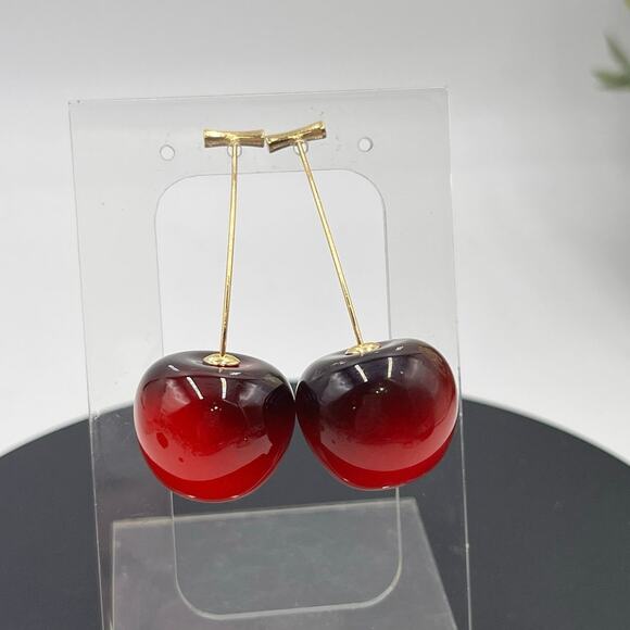 Anthropologie Resin Cherry‎ Fruit Dangle Threader Earrings - Picture 1 of 9